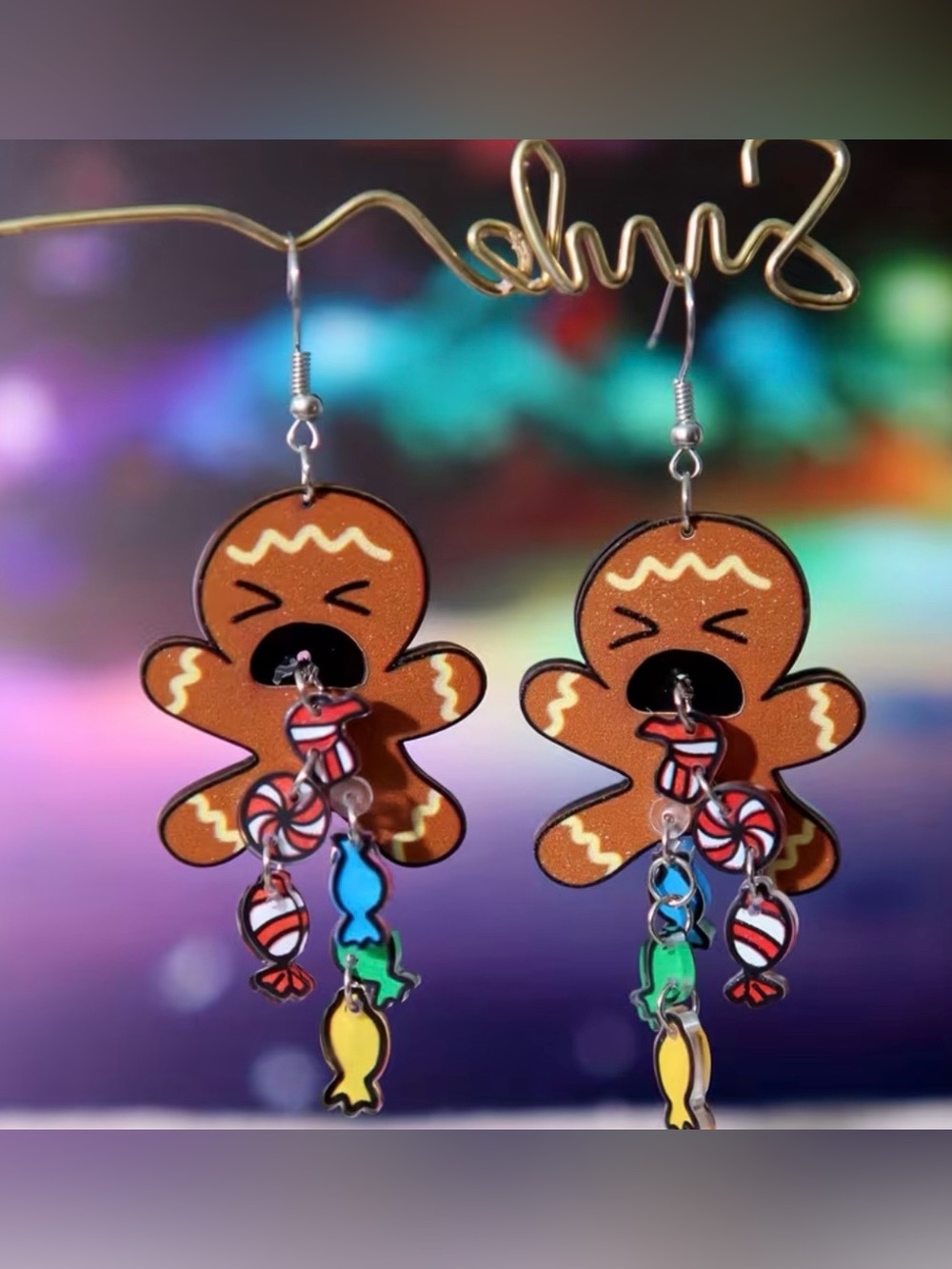 🎄New! Gingerbread Man Acrylic Dangle Earrings w Candy Charms🍬w Gift Bag